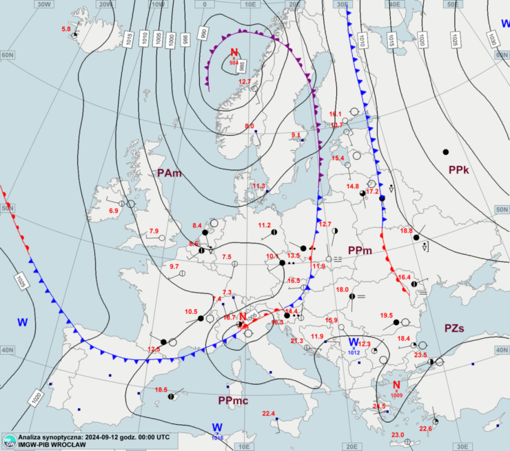 Mapa synoptyczna z terminu 12.09.2024 godz. 00:00 UTC.