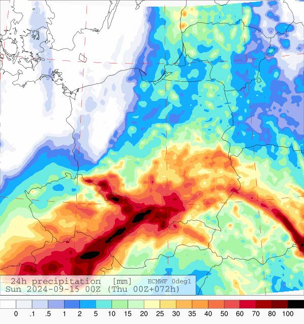 Prognozowana suma opadów na sobotę (14.09.2024) wg wyników modelu ECMWF