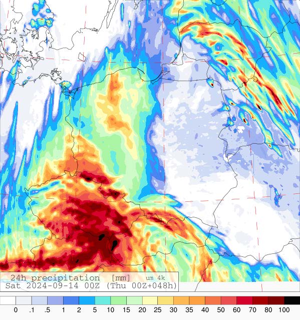 Prognozowana dobowa suma opadów na piątek (13.09.2024) wg wyników modelu UMPL.
