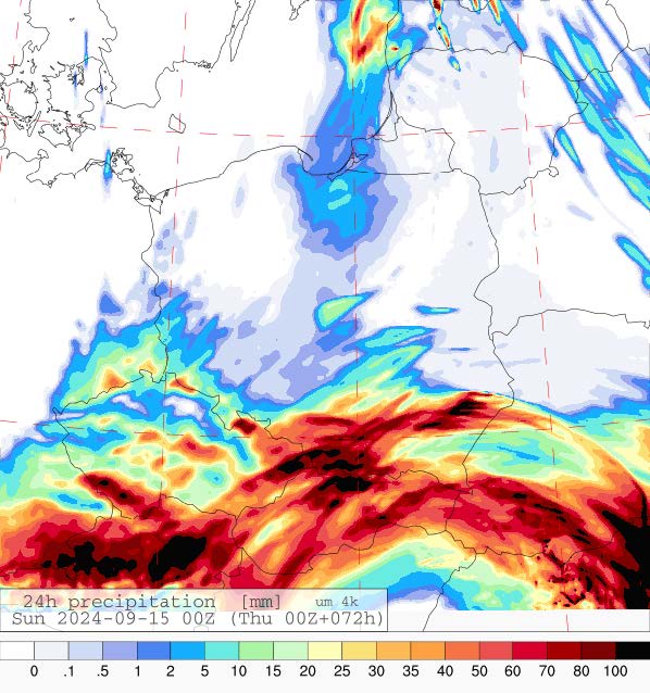 Prognozowana suma opadów na sobotę (14.09.2024) wg wyników modelu UMPL
