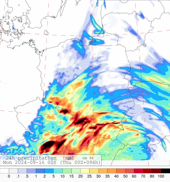 Dobowa suma opadów na niedzielę (15.09.2024) wg wyników modeli UMPL.