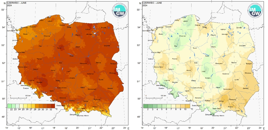 Przestrzenny rozkład wartości kwantyla 95% maksymalnej temperatury powietrza (po lewej) i kwantyla 5% minimalnej temperatury powietrza (po prawej) w czerwcu 2024 r.