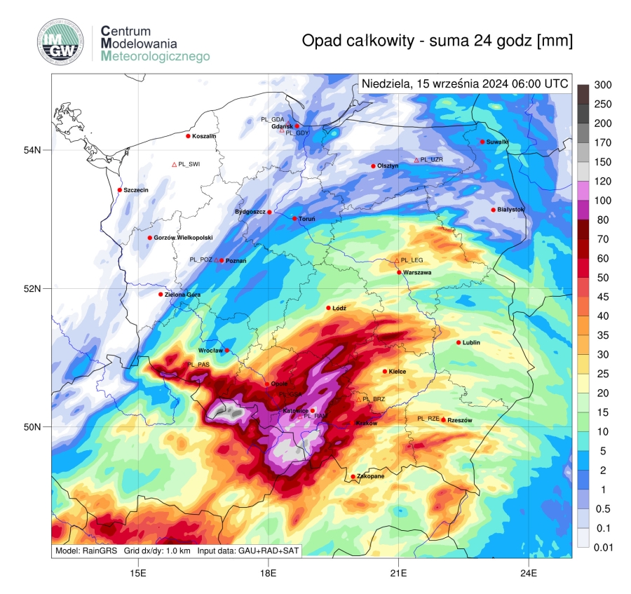 Suma opadów według modelu RainGRS za okres 24 h (14.09.2024 06:00 UTC – 15.09.2024 06:00 UTC).