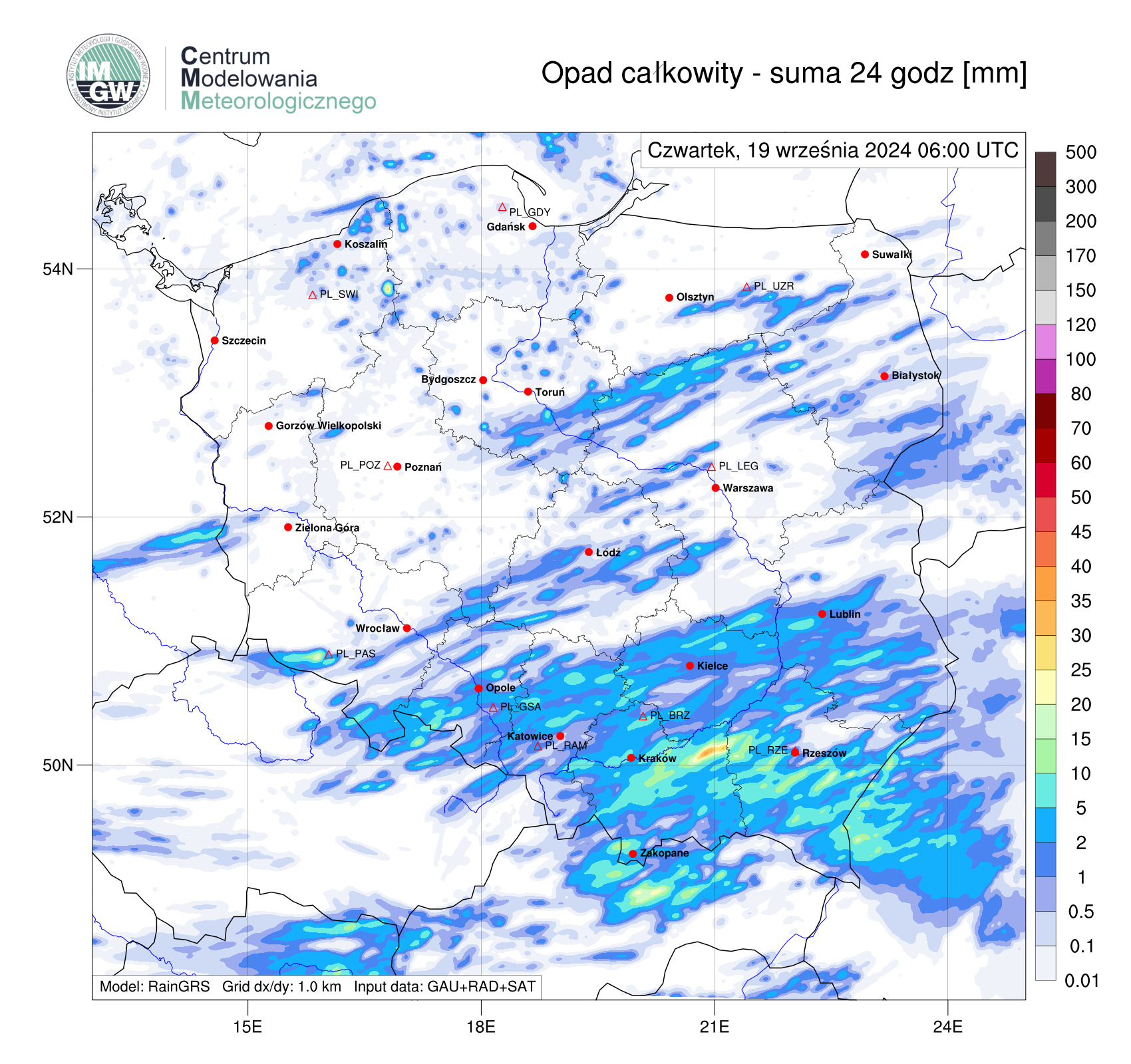 Suma opadów według modelu RainGRS za okres 24 h (18.09.2024 06:00 UTC – 19.09.2024 06:00 UTC).