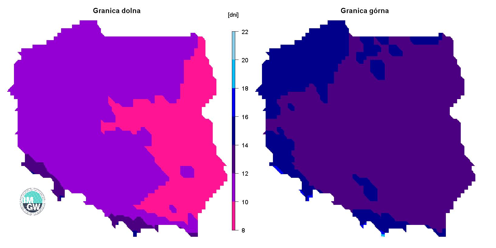 Grafika 11. Granice normy liczby dni z opadem w sierpniu.