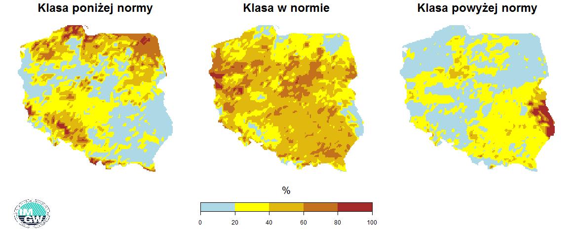 Grafika 13. Prawdopodobieństwo wystąpienia klas „poniżej normy”, „w normie” i „powyżej normy” dla liczby dni z opadem w sierpniu 2020 r. według modelu IMGW-PIB.