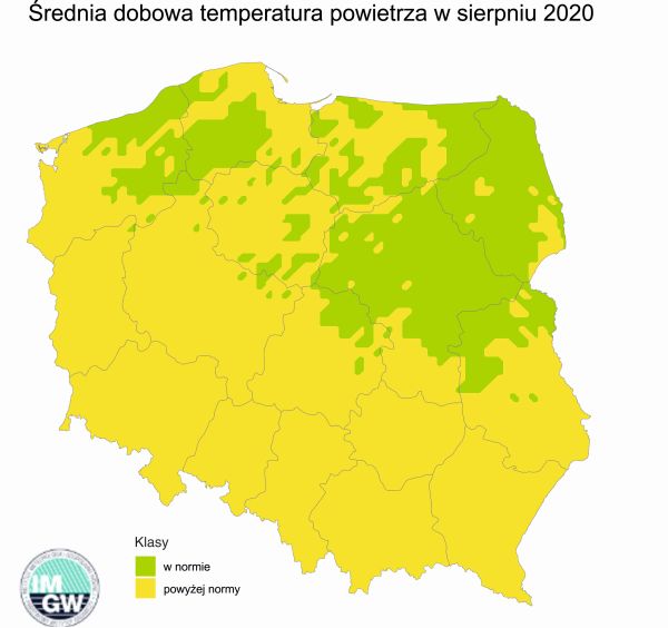 Grafika 4. Najbardziej prawdopodobna klasa średniej temperatury powietrza w sierpniu 2020 r. według modelu IMGW-PIB.