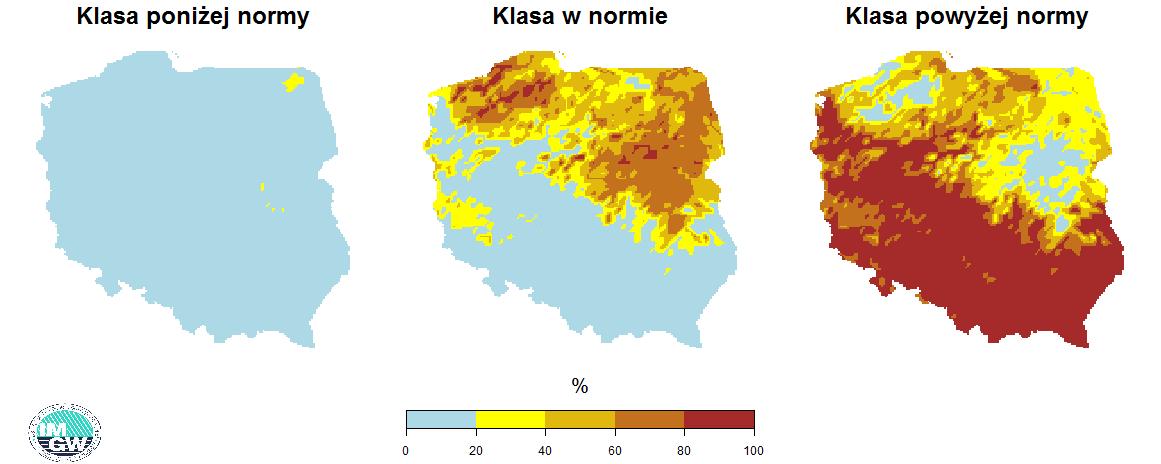 Grafika 5. Prawdopodobieństwo wystąpienia klas „poniżej normy”, „w normie” i „powyżej normy” dla średniej temperatury powietrza w sierpniu 2020 r. według modelu IMGW-PIB.