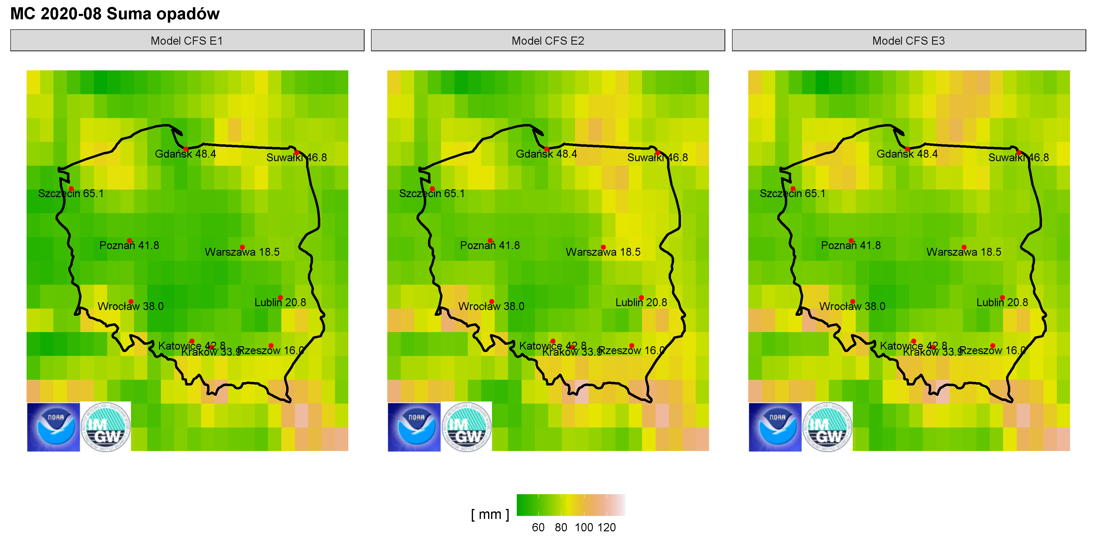 Grafika 7. Prognozowane sumy opadów w sierpniu 2020 r. dla wybranych miast według modelu IMGW-PIB na tle prognoz CFS2.