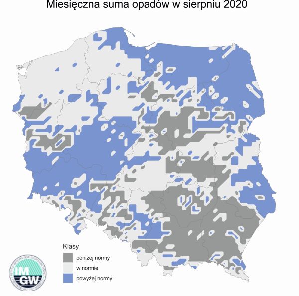 Grafika 9. Najbardziej prawdopodobna klasa sumy opadów w sierpniu 2020 r. według modelu IMGW-PIB.