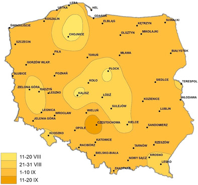 Średnie daty początku wczesnej jesieni (2007-2016).