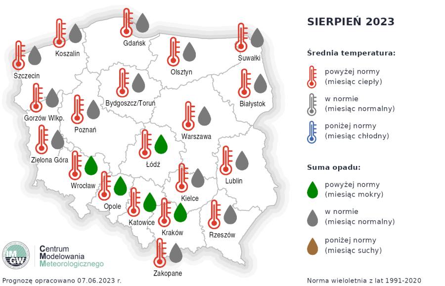 Prognoza średniej miesięcznej temperatury powietrza i miesięcznej sumy opadów atmosferycznych na sierpień 2023 r. dla wybranych miast w Polsce