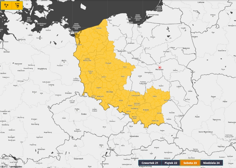 Prognoza zagrożeń meteorologicznych na sobotę 23.12.2023 r. Ostrzeżenie meteorologiczne 1. stopnia przed silnym wiatrem i opadami marznącymi.