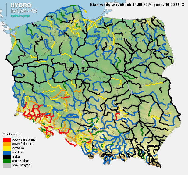 Aktualna sytuacja hydrologiczna 14.09.2024 (10 UTC). Źródło: IMGW-PIB