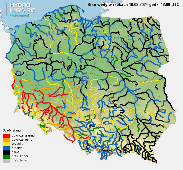  Aktualna sytuacja hydrologiczna 18.09.2024 (18 UTC). Źródło: IMGW-PIB