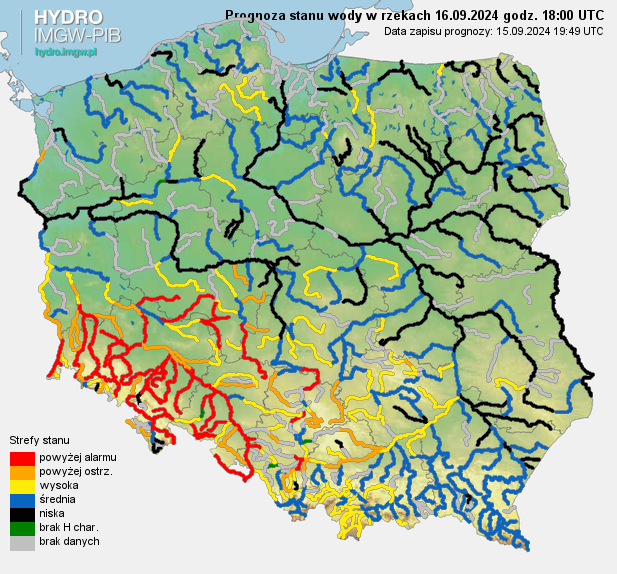 Prognozowana sytuacja hydrologiczna 16.09.2024 r. (18 UTC)