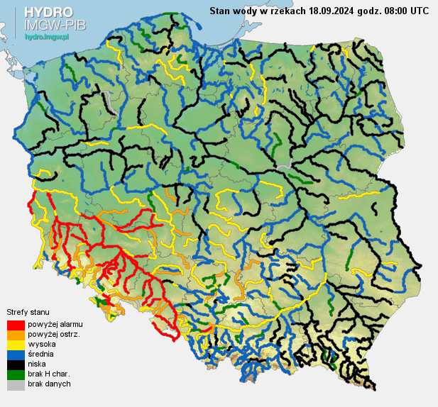 Aktualny stan wody w rzekach na godz. 08 UTC