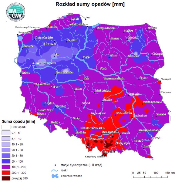 Miesięczna suma opadów w sierpniu 2021 roku.