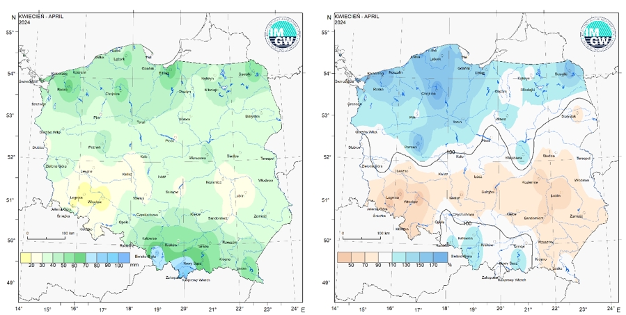 Przestrzenny rozkład miesięcznej sumy opadów w kwietniu 2024 r. oraz przestrzenny rozkład anomalii sumy opadów w stosunku do normy (tj. średniej miesięcznej wartości wieloletniej elementu w okresie 1991-2020).