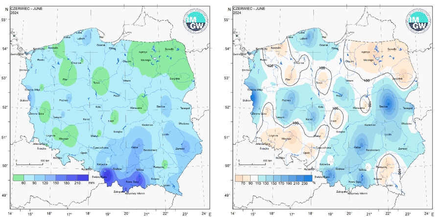 Przestrzenny rozkład miesięcznej sumy opadów w czerwcu 2024 r. oraz przestrzenny rozkład anomalii sumy opadów w stosunku do normy (tj. średniej miesięcznej wartości wieloletniej elementu w okresie 1991-2020).