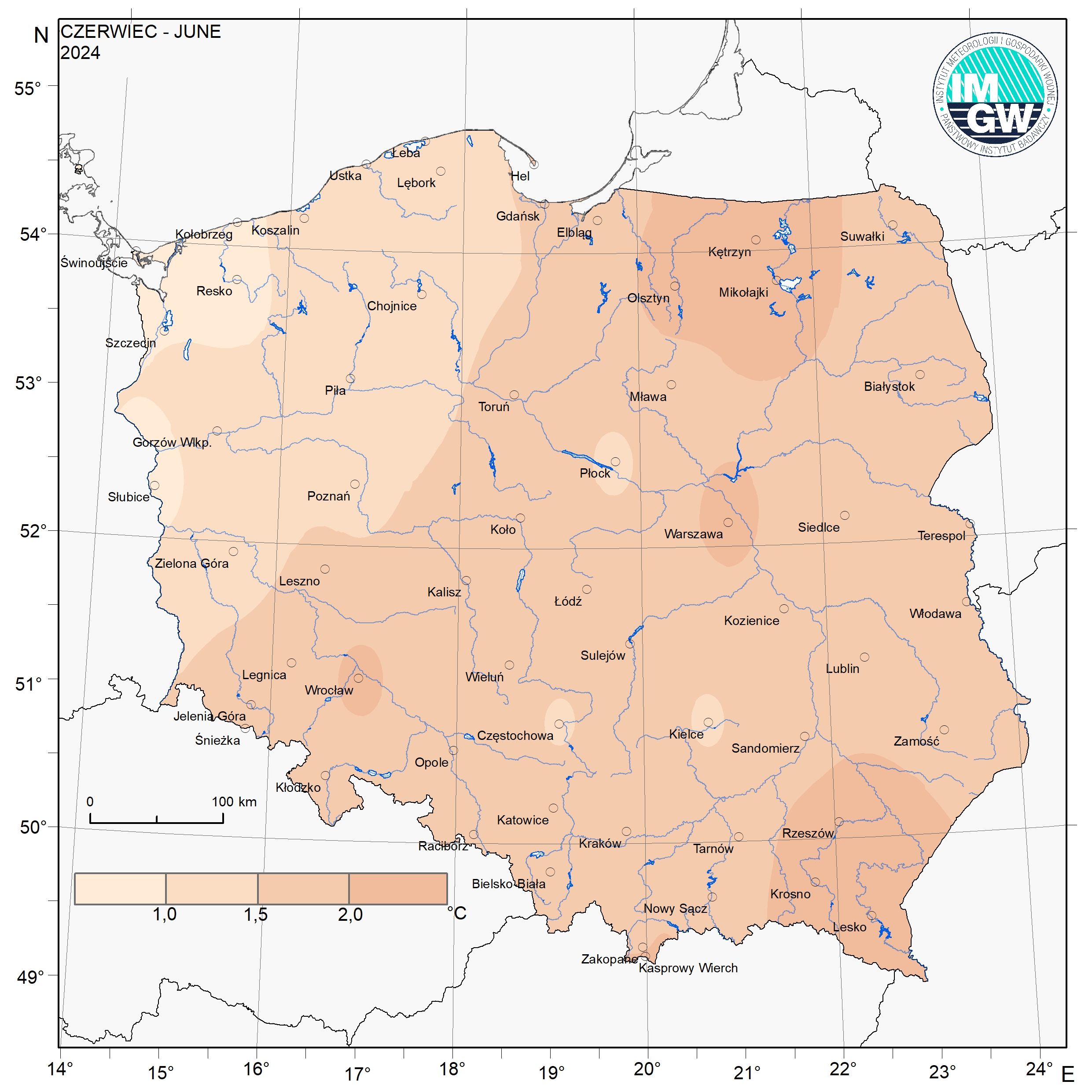 Przestrzenny rozkład anomalii średniej miesięcznej temperatury powietrza w czerwcu 2024 r. w stosunku do normy (tj. średniej miesięcznej wartości wieloletniej elementu w okresie 1991-2020).