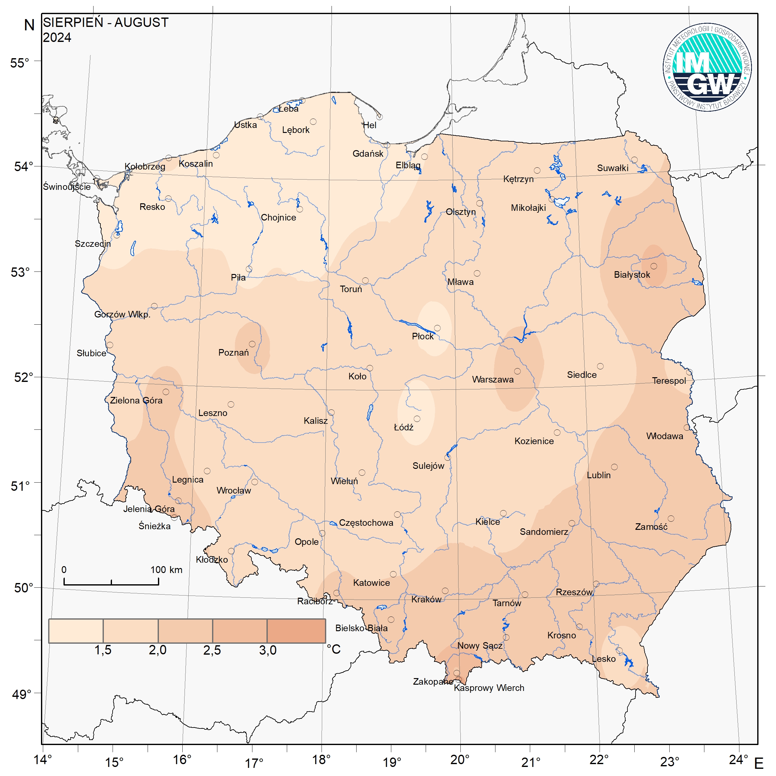 Przestrzenny rozkład anomalii średniej miesięcznej temperatury powietrza w sierpniu 2024 r. w stosunku do normy (tj. średniej miesięcznej wartości wieloletniej elementu w okresie 1991-2020).