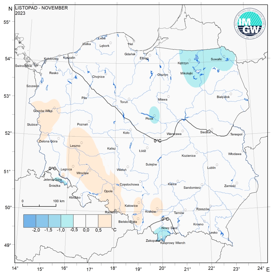 Przestrzenny rozkład anomalii średniej miesięcznej temperatury powietrza w listopadzie 2023 r. w stosunku do normy (tj. średniej miesięcznej wartości wieloletniej elementu w okresie 1991-2020).