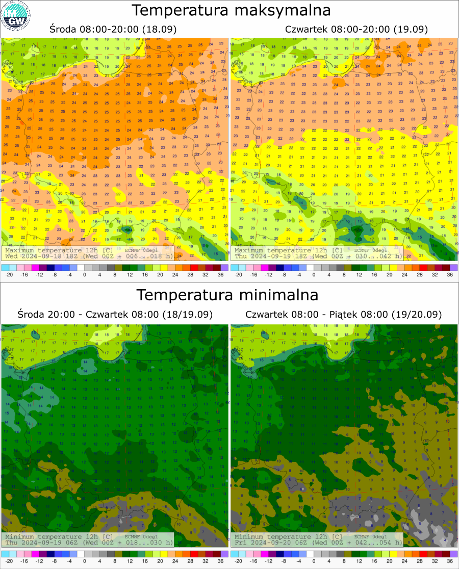 Prognozowana temperatura maksymalna i minimalna na kolejne dwie doby. Model ECMWF 0.1°.