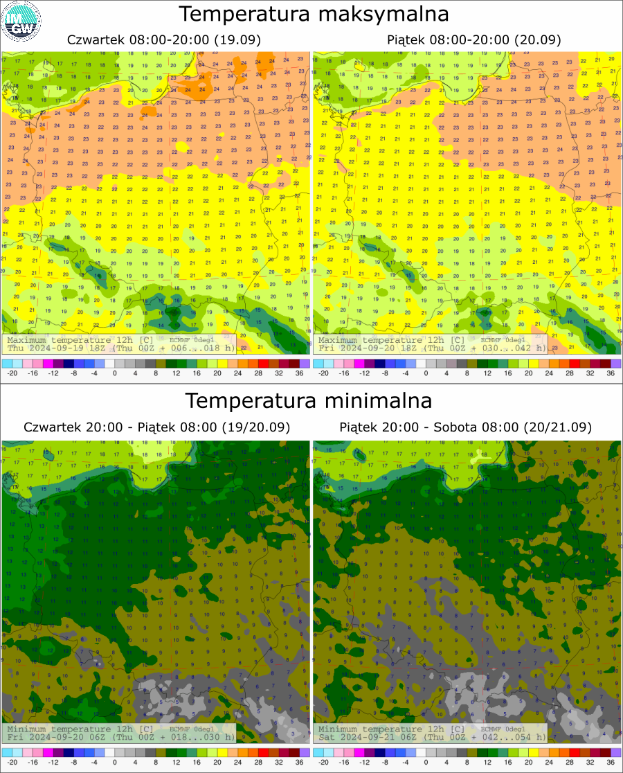 Prognozowana temperatura maksymalna i minimalna na kolejne dwie doby. Model ECMWF 0.1°.