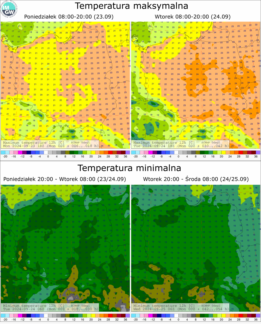 Prognozowana temperatura maksymalna i minimalna na kolejne dwie doby. Model ECMWF 0.1°.