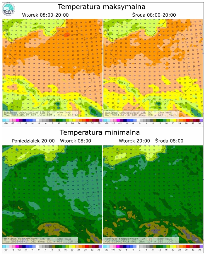 Prognozowana temperatura maksymalna i minimalna na kolejne dwie doby, począwszy od nocy z 16 na 17 września 2024 r. Model ECMWF 0.1°.