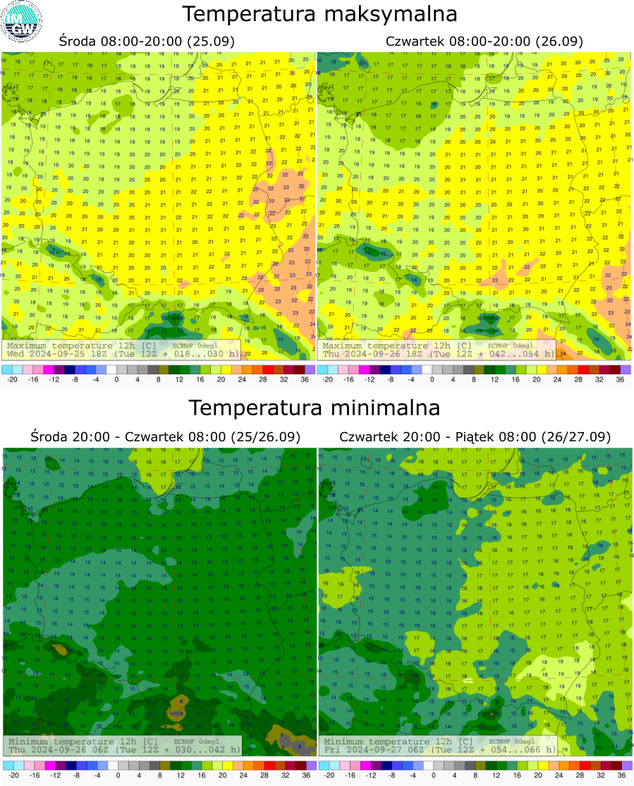 Prognozowana temperatura maksymalna i minimalna na kolejne dwie doby. Model ECMWF 0.1°.