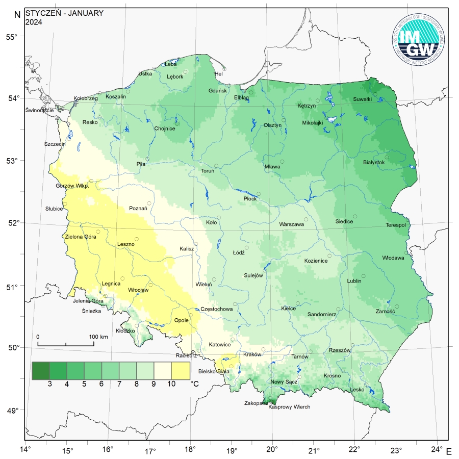 Przestrzenny rozkład wartości kwantyla 95% maksymalnej temperatury powietrza w styczniu 2024 r.