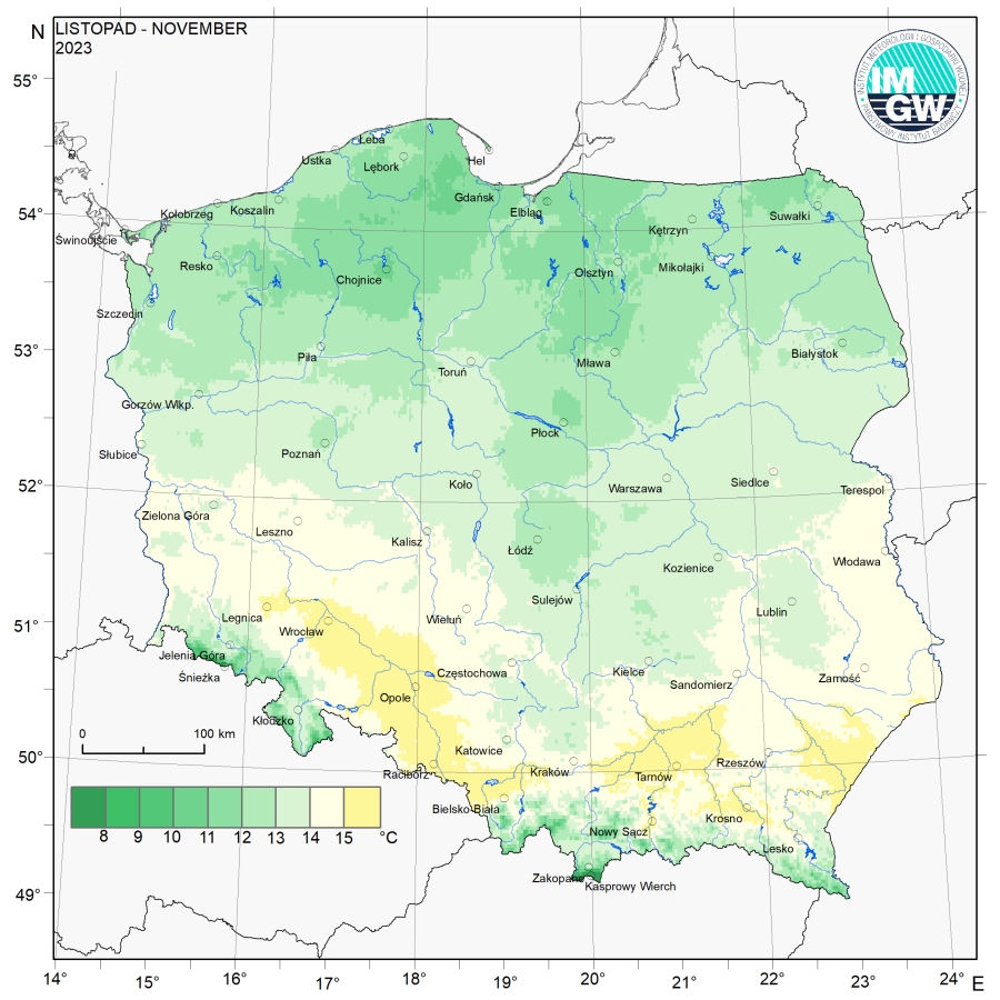 Przestrzenny rozkład wartości kwantyla 95% maksymalnej temperatury powietrza w listopadzie 2023 r.