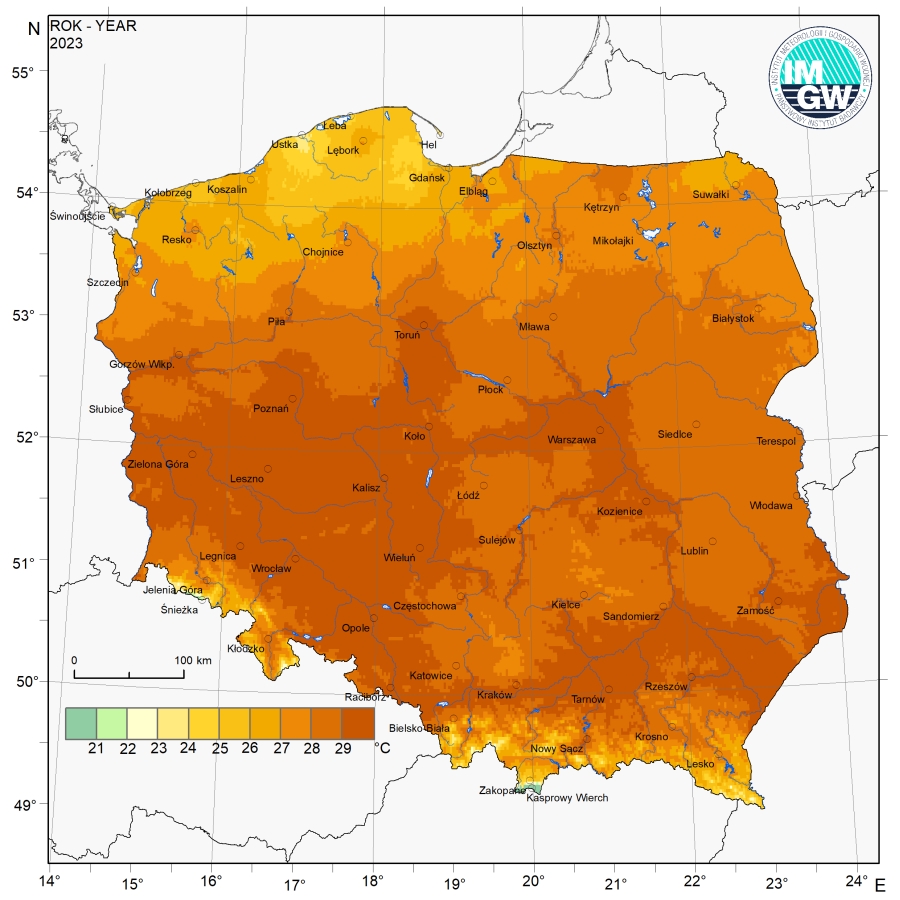 Przestrzenny rozkład wartości kwantyla 95% maksymalnej temperatury powietrza w 2023 r.