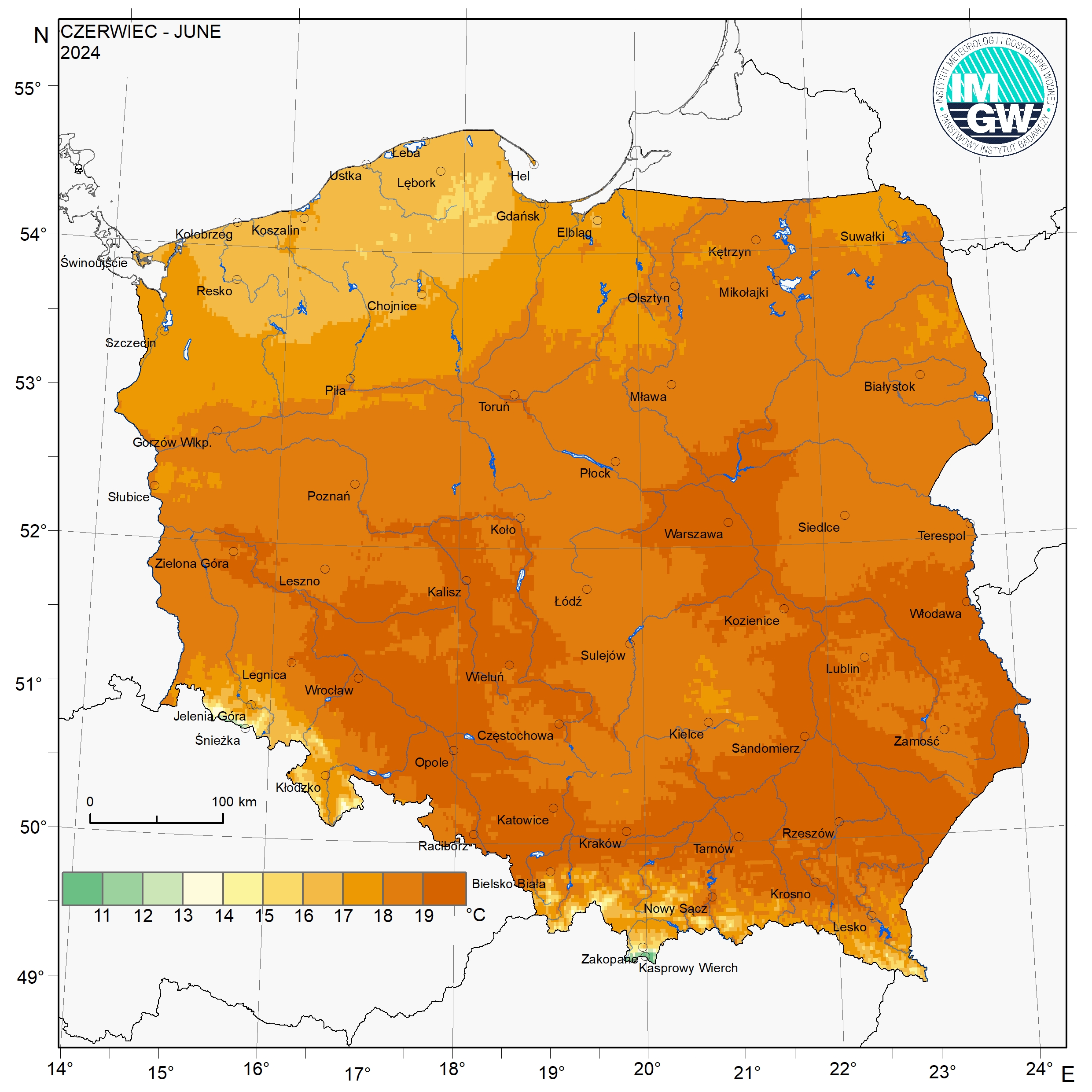 Przestrzenny rozkład średniej miesięcznej temperatury powietrza w czerwcu 2024 r.