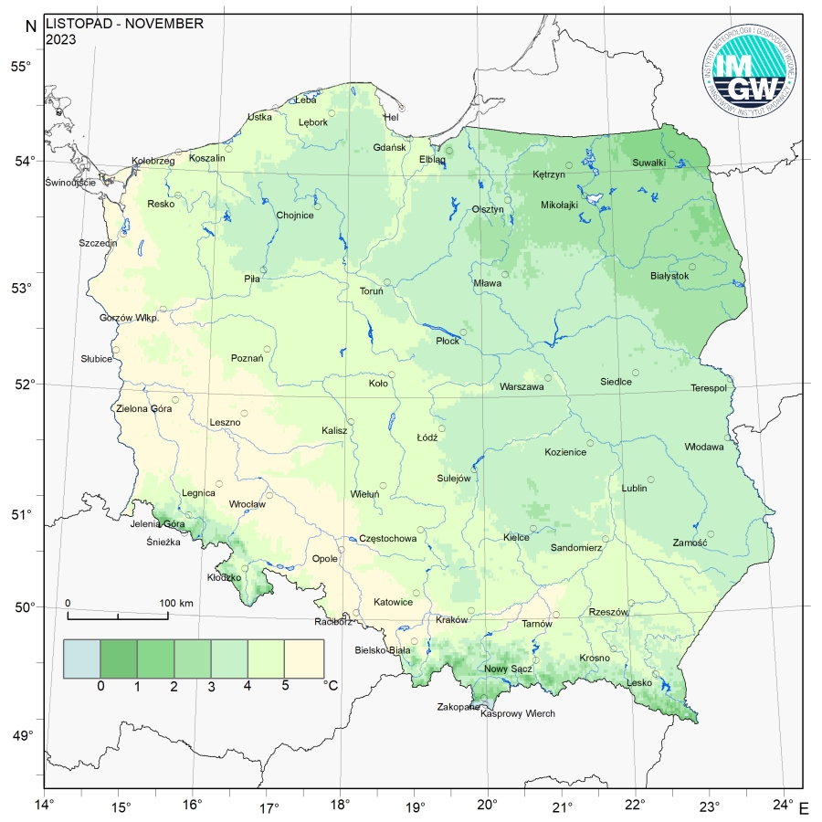 Przestrzenny rozkład średniej miesięcznej temperatury powietrza w listopadzie 2023 r.