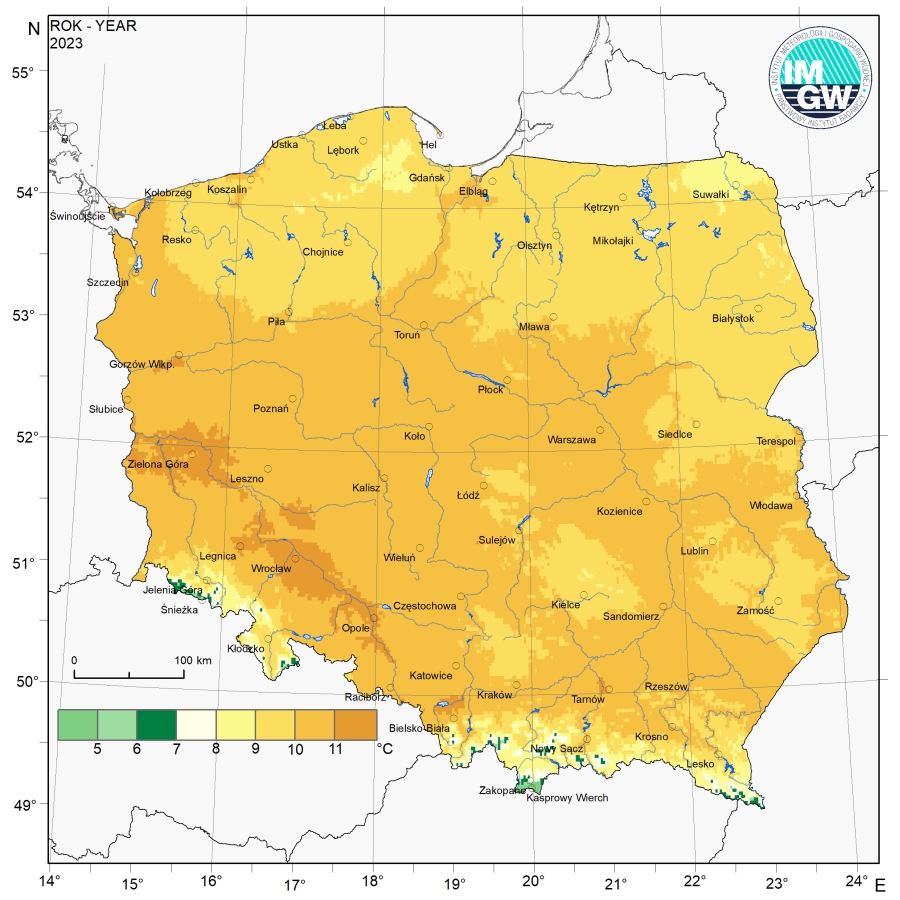 Przestrzenny rozkład średniej rocznej temperatury powietrza w 2023 r.