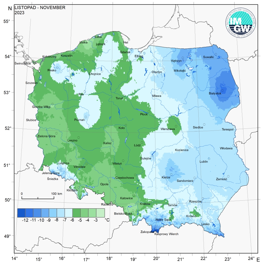 Przestrzenny rozkład wartości  kwantyla 5% minimalnej temperatury powietrza w listopadzie 2023 r.