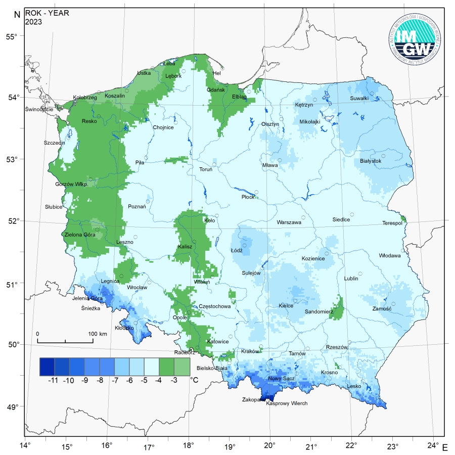 Przestrzenny rozkład wartości kwantyla 5% minimalnej temperatury powietrza w 2023 r.