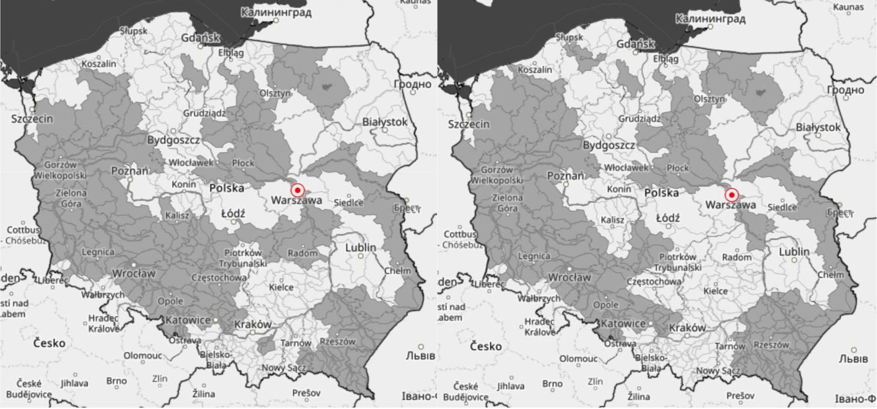 Ostrzeżenia przed suszą hydrologiczną (kolor szary) 4 sierpnia 2022 (lewa mapa) i 11 sierpnia 2022 (prawa mapa).