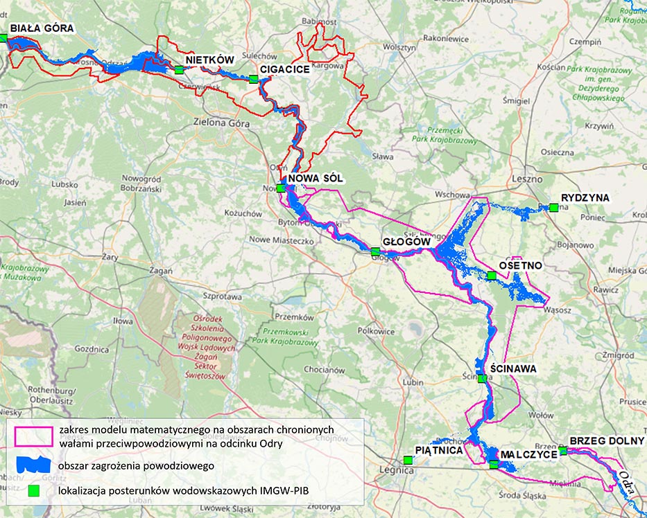 Ryc. 2. Zasięg przestrzenny modeli matematycznych uwzględniających obszar chroniony wałami przeciwpowodziowymi na odcinku Odry poniżej Wrocławia do Białej Góry. 