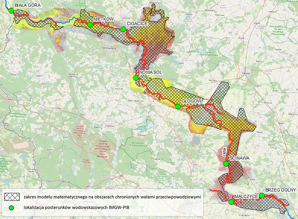 Ryc. 1. Zasięg przestrzenny modeli matematycznych uwzględniających obszary chronione wałami przeciwpowodziowymi na odcinku Odry poniżej Wrocławia do Białej Góry. 