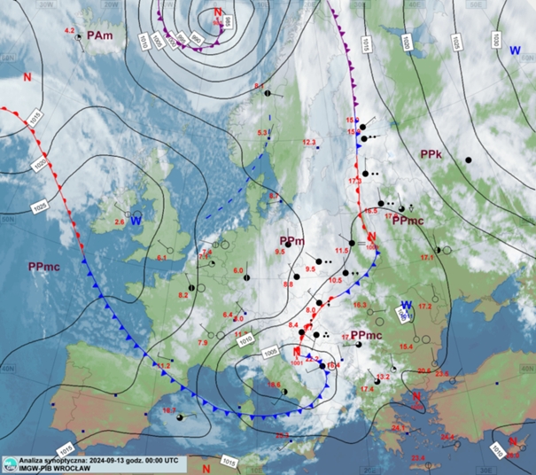   Mapa synoptyczna z terminu 13.09.2024 00:00 UTC. Źródło: IMGW-PIB.