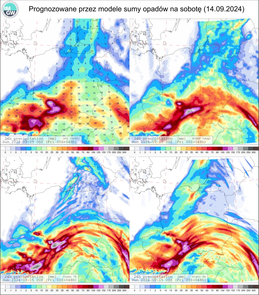 Prognozowana dobowa suma opadów na sobotę (14.09.2024) wg wyników modeli GFS 0.25°, ECMWF 0.1°, COSMO 7 km i Alaro 4 km.