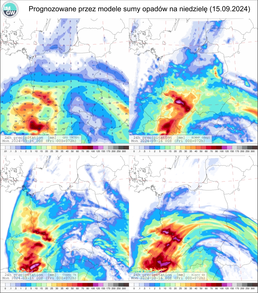 Prognozowana dobowa suma opadów na niedzielę (15.09.2024) wg wyników modeli GFS 0.25°, ECMWF 0.1° i COSMO 7 km.