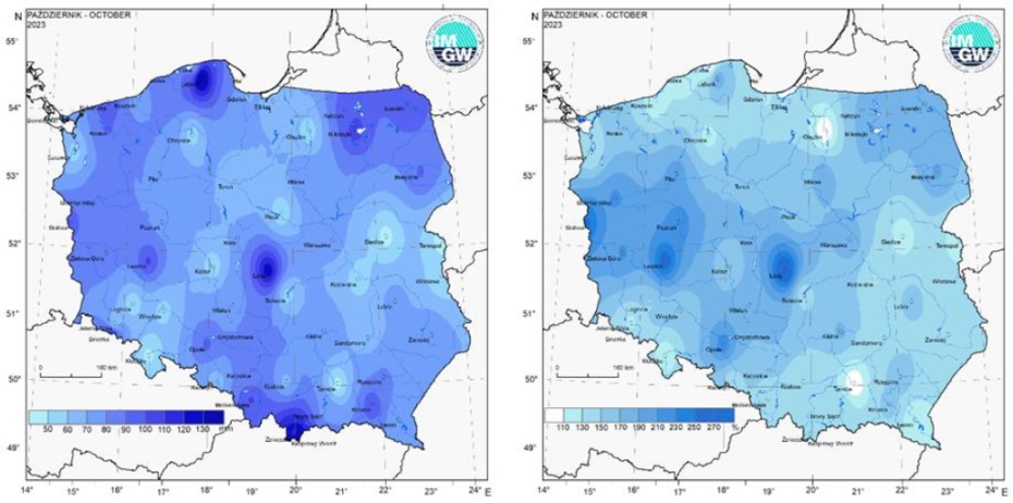 Przestrzenny rozkład miesięcznej sumy opadów w październiku 2023 r. oraz przestrzenny rozkład anomalii sumy opadów w stosunku do normy (tj. średniej miesięcznej wartości wieloletniej elementu w okresie 1991-2020).