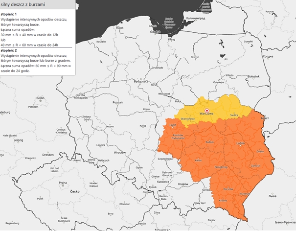 Mapy obowiązujących ostrzeżeń meteorologicznych dotyczących silnego deszczu z burzami. Źródło: IMGW-PIB