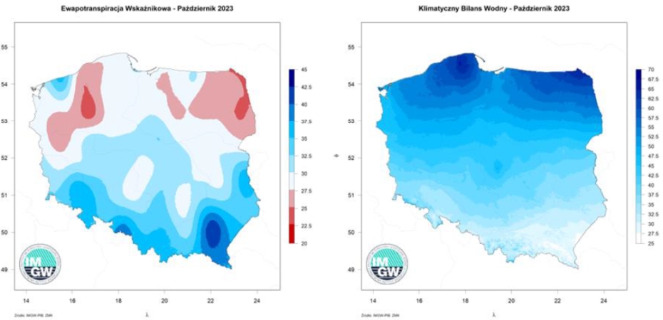 Przestrzenny rozkład miesięcznej sumy parowania potencjalnego oraz przestrzenny rozkład klimatycznego bilansu wodnego w październiku 2023 r.