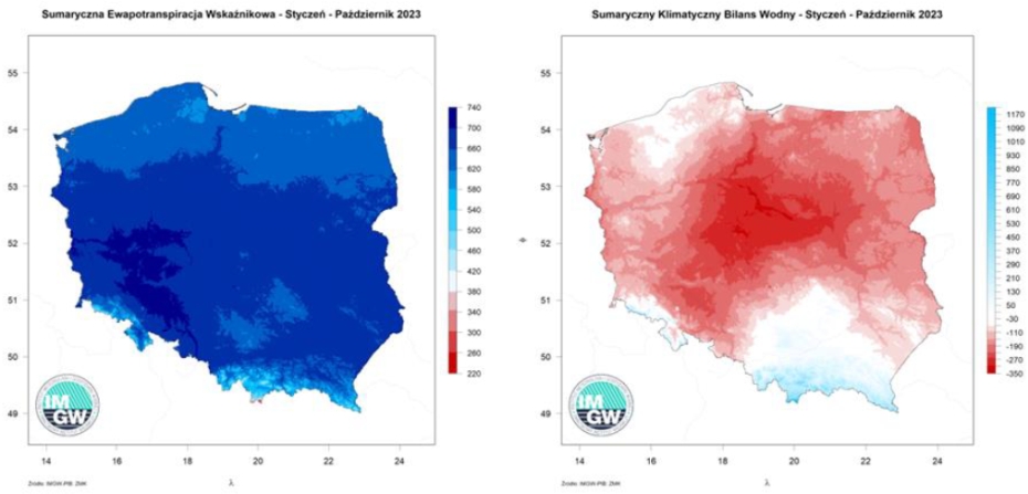 Przestrzenny rozkład sumy parowania potencjalnego oraz przestrzenny rozkład klimatycznego bilansu wodnego w okresie styczeń-październik 2023 r.